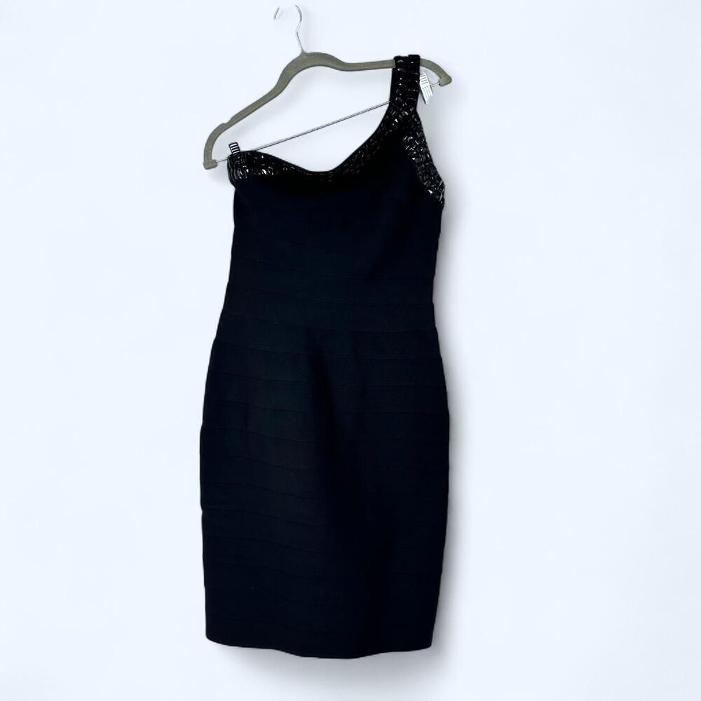 Asymmetrical One Shoulder Beaded Trim Black Cocktail Bandage Midi Sheath Dress